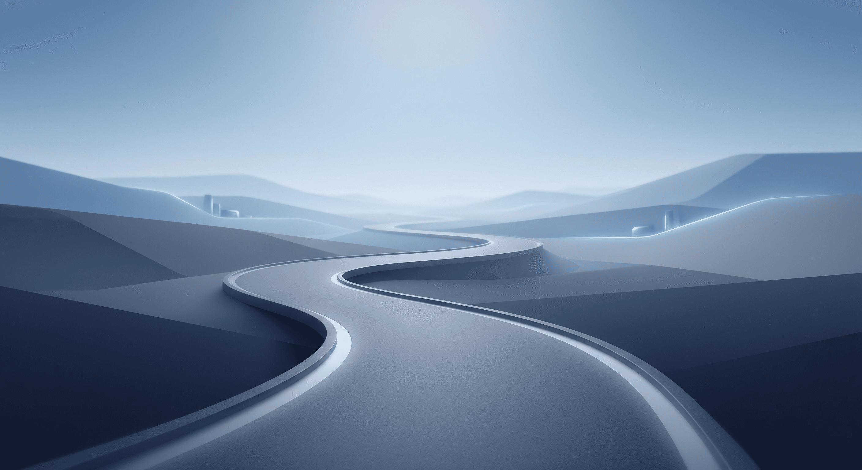 A winding road extending into the horizon across a minimalist, abstract landscape, symbolizing continuous progress with no defined endpoint.