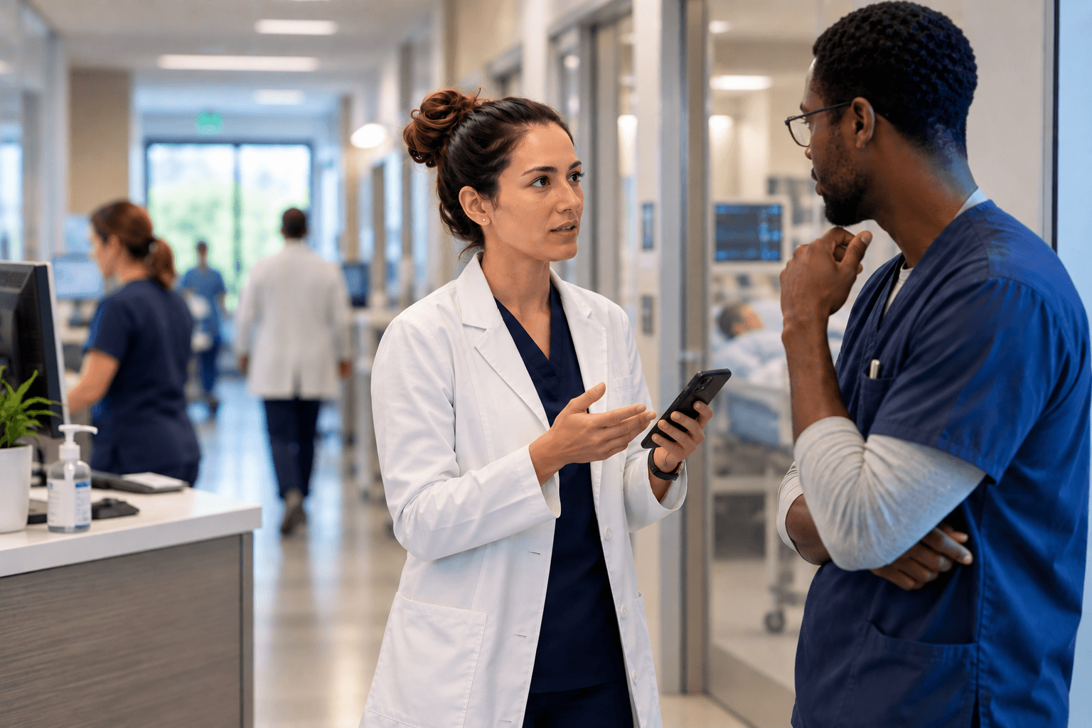 Healthcare professionals discuss a communications during technology implementation in a hospital environment.